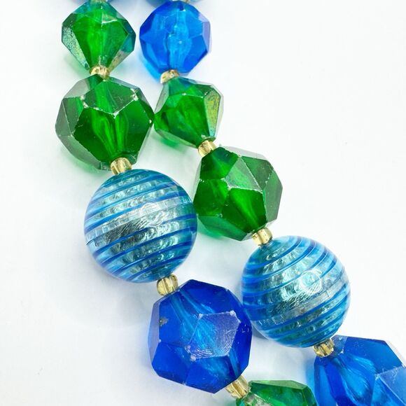 West Germany Vintage Blue Green Lucite Faceted Beaded Necklace 2 Strand MCM - Picture 9 of 16
